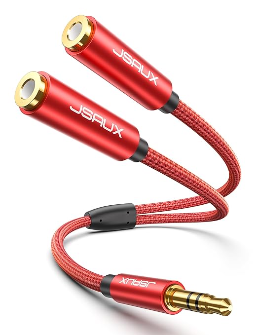 JSAUX Headphone Splitter 3.5mm, Audio Splitter 2 Female to 1 Male, Dual Headphone Adapter Compatible with PS4, PS5, Xbox, Nintendo Switch, PC Gaming Headsets, Phone, Tablet, Laptop and More-Red