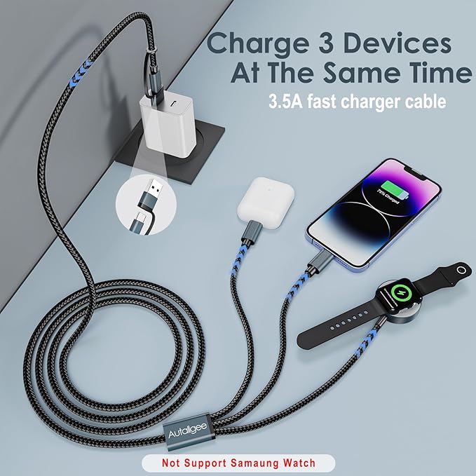 5FT iWatch Charger 3 in 2 for Apple Watch Charger Travel Essentials Multi Charging Cable Fast Charging Compatible with iWatch Series 10 /Ultra/SE/9/8/7/6/5/4/3/2/1 & iPhone 16/15/14/13/SE/Galaxy S24