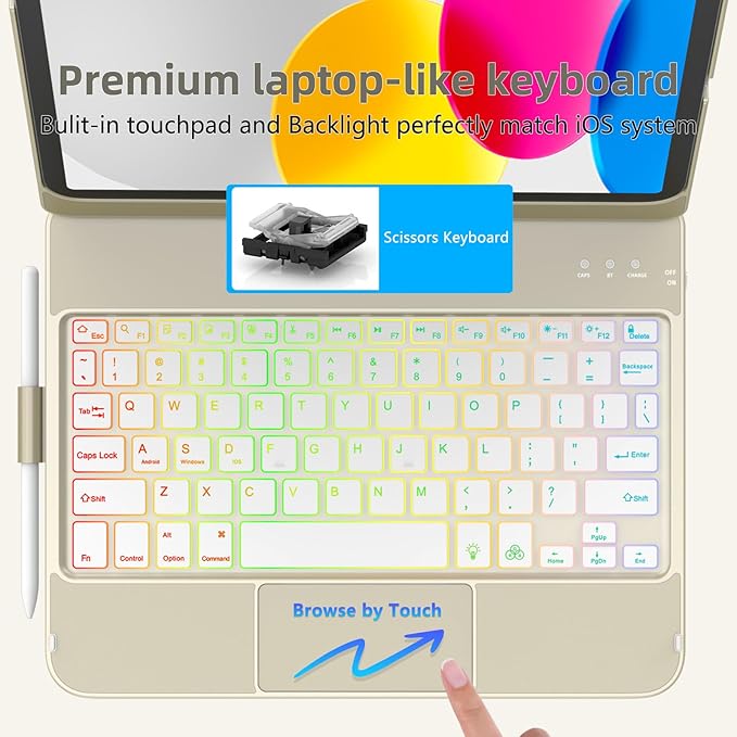 for iPad A16 11th Generation/10th Generation Case with Keyboard,Touch Keyboard for iPad 11" /10th Gen 10.9 inch 2022-10 Color Backlight, 360° Rotatable Protective Cover (Rock Grey)