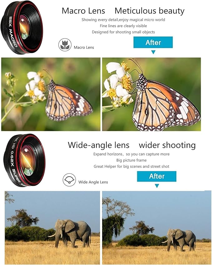 Phone Camera Lens Kit 10 in 1 for iPhone Samsung Pixel Android, 22X Telephoto Lens, 0.62X Super Wide Angle Lens&25X Macro Lens, 235° Fisheye,Kaleidoscopes, Starlight，Tripod，for Most Smartphone Black