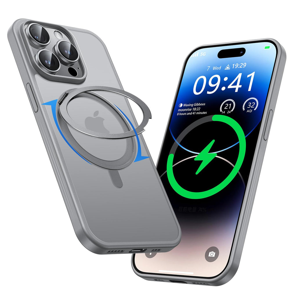MAGIC JOHN 360° Rotatable Magnetic Invisible Stand for iPhone 15 Pro Case [Camera Control Button] [Compatible with MagSafe] 16FT Shockproof for iPhone 15 Pro Case with Kickstand, Gray