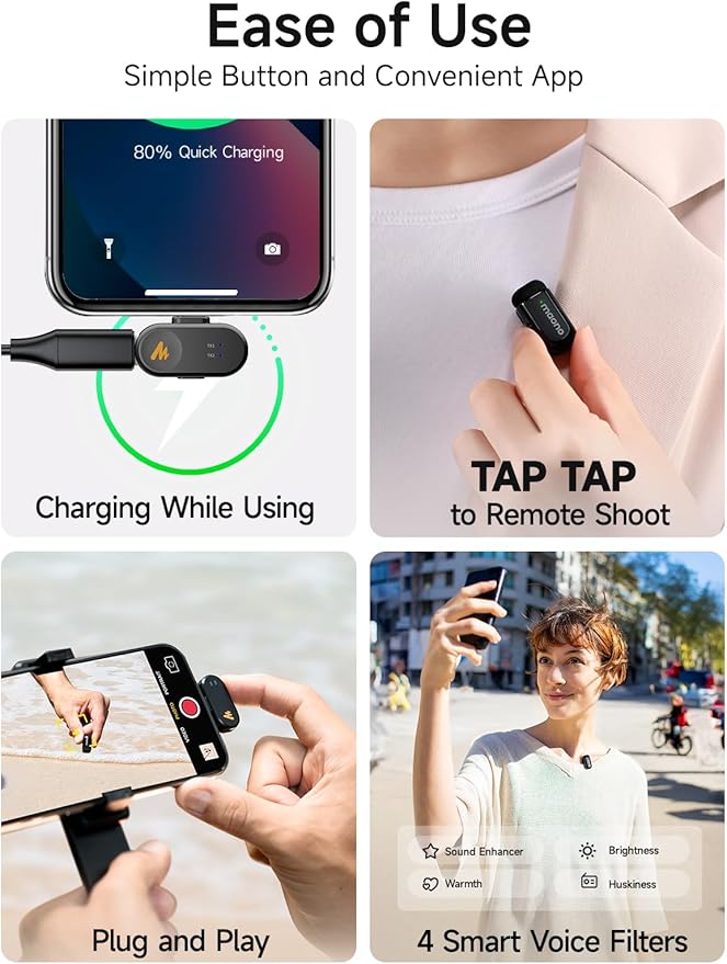 MAONO Wave T1 Mini Wireless Lavalier Microphone for iPhone iPad with MFi Certified Lightning Plug, Noise Cancellation, AI Voice Filter, 30H Used with Charging Case for Video Recording Vlog TikTok