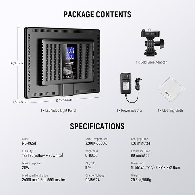 NEEWER 192 LED Video Light Panel, 20W Ultra Thin 8000mAh Bi Color Dimmable DSLR Camera Soft Photography Key Lighting 3200K-5600K CRI97+ for Studio Recording Live Streaming, Cleaning Cloth