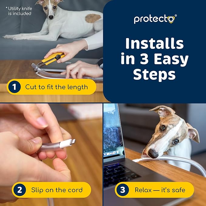 PROTECTO 2-Pack Heavy Duty Cord Protectors from Pets No Chew Solution, 7ft Easy to Use Dog & Cat Cord Protector, Clear & Odorless Critter Cord Covers for Pets, Power Audio Video Wire Protector Tubing