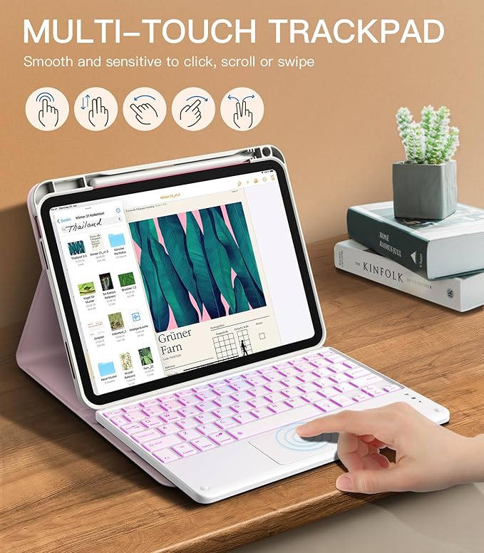 MoKo Touch Keyboard Case for iPad (A16) 11th Generation 11 inch 2025, iPad 10th Generation 10.9 inch Case with Pencil Holder, 7 Colors Backlit Multi-TrackPad Detachable Bluetooth Keyboard,Nosegay Pink