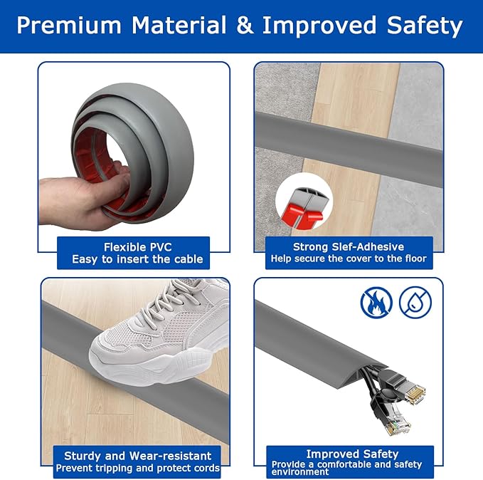 4ft Floor Cord Cover,Cord Hider Floor Gray,Extension Cable Cover Power Cord Protector Floor,Floor Cable Management Prevent Cable Trips,Cord Protector Cord Cavity:0.47" (W) x 0.24" (H)