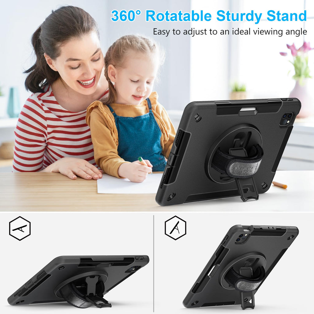 Case for iPad Pro 11 Inch 2022/2021/ 2020/2018: Cover for iPad 11 Inch 4th/ 3rd/ 2nd/ 1st Generation with Screen Protector- Stand- Handle- Shoulder Strap- Pencil Holder Black
