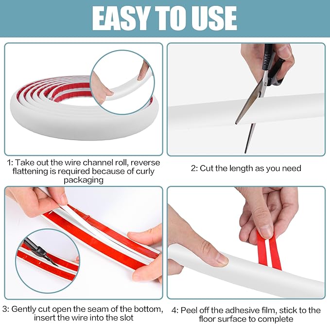 Floor Cord Cover Self Adhesive Cord Hider,10FT Cable Management, Extension Strip Protector for Wires, Prevent Cable Trips for Offices, Gyms, Exhibitions Cavity:0.39"(W) x 0.27"(H) White