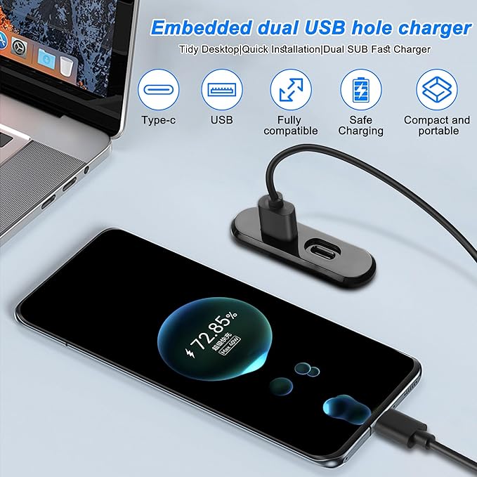 XMSJSIY USB USB C Desk Power Grommet Outlet 5V/2A USB/Type-C Embedded Charging Port Phone Desktop Charger Scoket Station for Sofa Table Bedside Workbench Office,Home-1.2M/3.9FT
