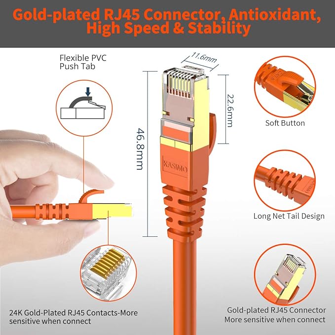 CAT 8 Ethernet Cable Shielded SFTP Internet Network Patch Cord, Heavy Duty High Speed LAN Cables w Gold Plated RJ45 Connector Professional for Router, Modem, Gaming, Xbox (6 Feet, 5 Pack Orange)