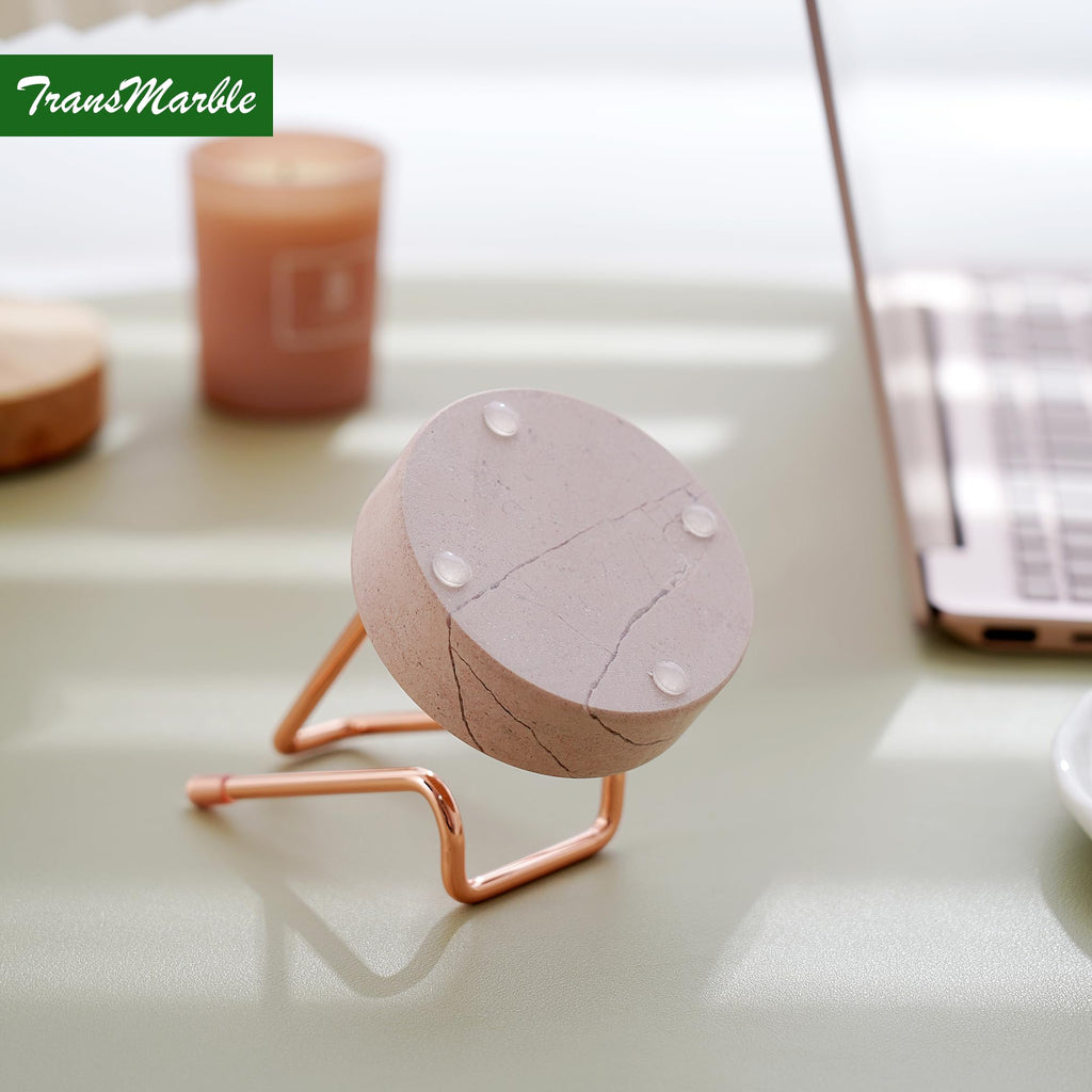 TransMarble Marble Phone Stand with Metal Holder, Charging Available While Using, Swipe Up to Unlock, Made of Natural Marble as Business Card Holder for Office Desk (Rose Pink + Rose Gold)
