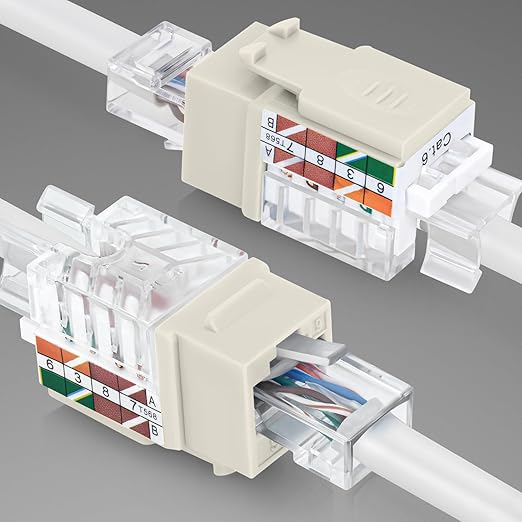 Everest 45° Angled RJ45 Cat6 Keystone Jacks 50-Pack in Light Almond - Slim Profile Female RJ45 Connectors - Cat 6 Keystone Jack - Compatible with 45° Angled Speed Termination Tool - 45Term