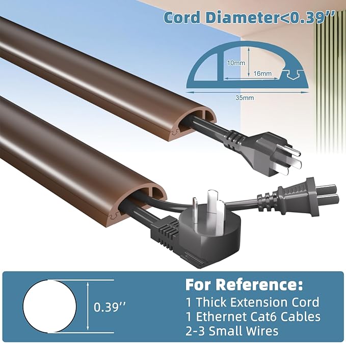 4ft Side Buckle Floor Cord Cover for Wires, Selfadhesive Extension Cord Hider Easy Floor Cable Management Prevent Cable Trips,Silicone Floor Wire Covers for Cords, Cable Protector Cord Cavity（Brown）