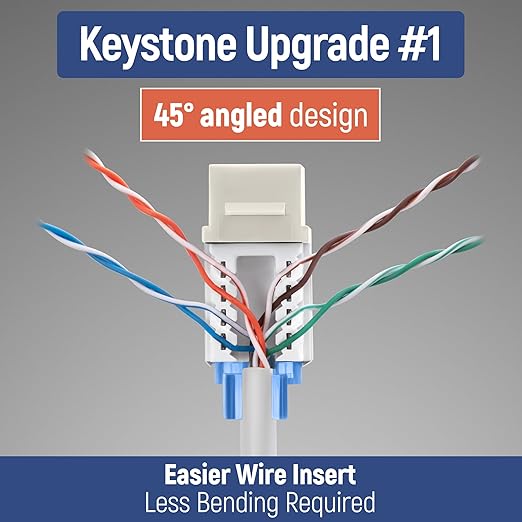 Everest 45° Angled RJ45 Cat5e Keystone Jacks 10-Pack in Light Almond - Slim Profile Female RJ45 Connectors - Cat 5e Keystone Jack - Compatible with 45° Angled Speed Termination Tool - 45Term