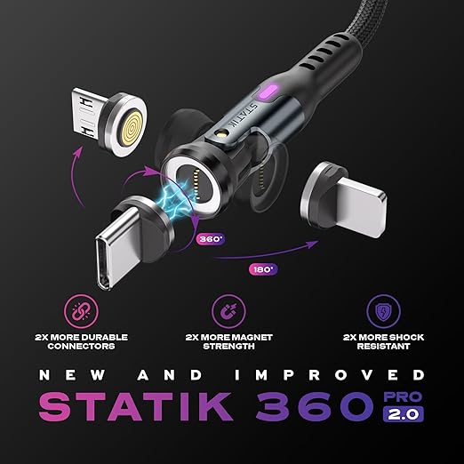 Statik 360 Pro Magnetic Charging Cable - Type C Charger Fast Charging 3 in 1 USB C to USB C Cable, Micro USB & iProduct Tips, USB A Adapter, Fits All Devices - 100W Fast Charger, Black 10FT, 3 Pack