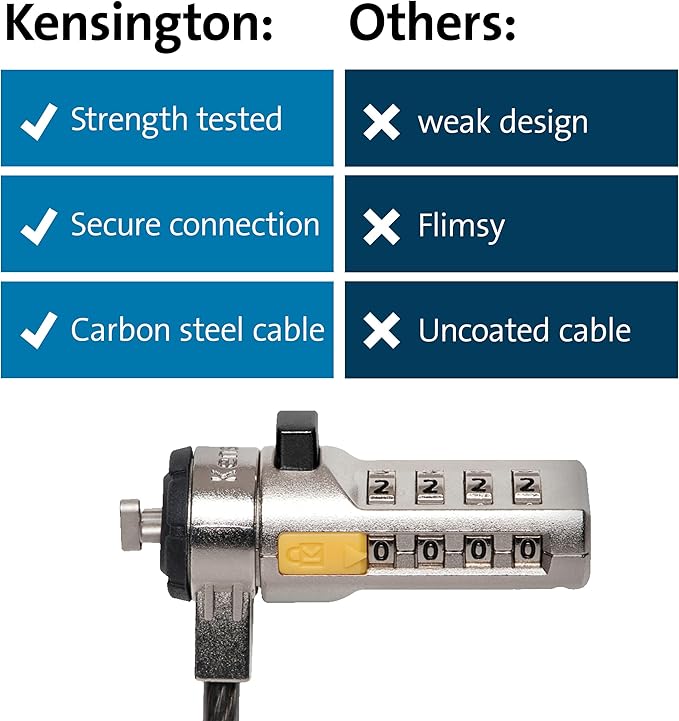 Kensington Combination Cable T-Bar Standard Lock Slot for Laptops, Resettable 4 digit password with 6 Foot Cable, K64673AM