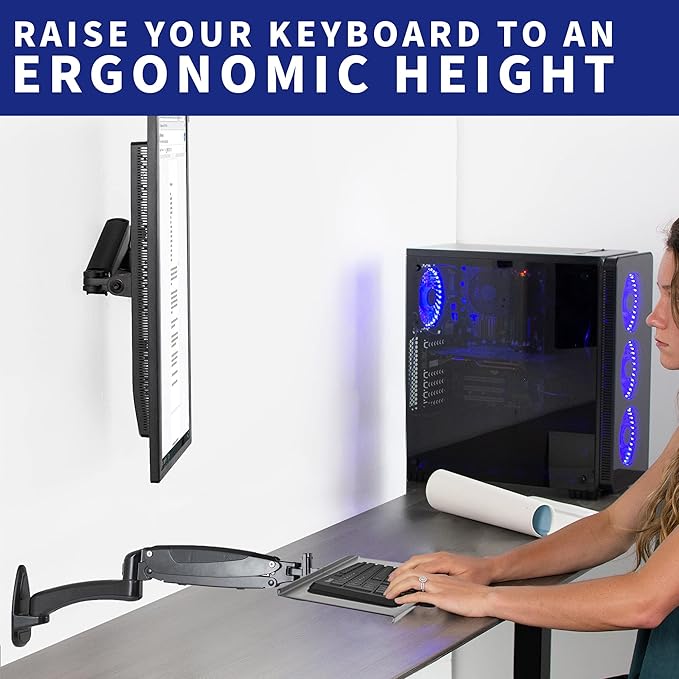 VIVO Sit-Stand 24 Inch Pneumatic Spring Keyboard and Mouse Tray Wall Mount, Counterbalance Height Adjustable Typing Platform, Ergonomic Tilt, Neutral Writing Position, Black, MOUNT-KB35A