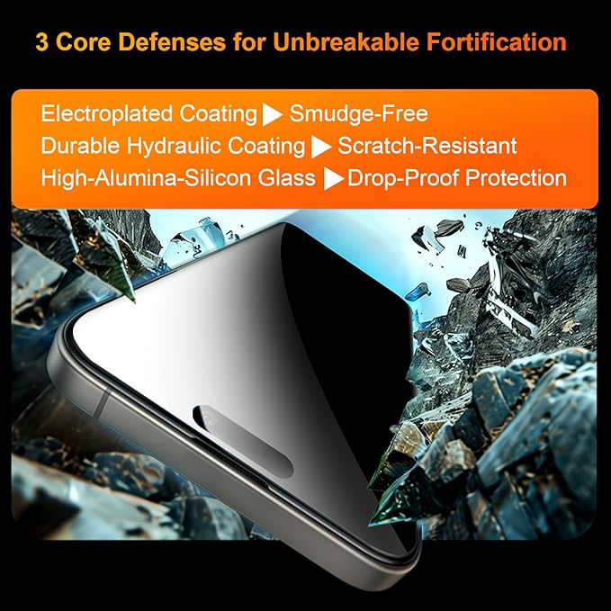 OneFish 2 Pack Privacy Screen Protector for iPhone 15 Pro - 4-Way 360° Anti-Spy Tempered Glass, 9H Hardness, 3D Curved Edges, Case-Friendly & Easy Installation
