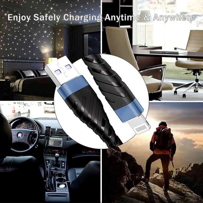 OIITH MFi Certified iPhone Charger Cable 3 Pack 6 Ft, Long for Lightning Charging Cord, Fast 2.4A for iPhone USB Cord Compatible with iPhone12/11/XS/Max/XR/X/8/8P/7P/6/iPad - Indigo