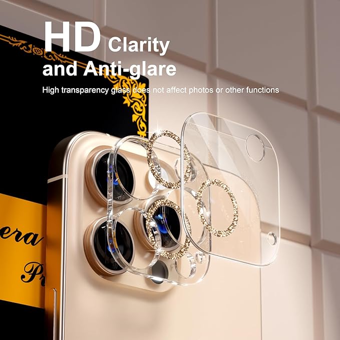 beuxece for 6 Pack iPhone 16 Pro/iPhone 16 Pro Max Camera Lens Protector [Drop Protection] [Case Friendly] [Easy Installation] 9H Tempered Glass Camera Screen Protector Cover, Glitter Gold