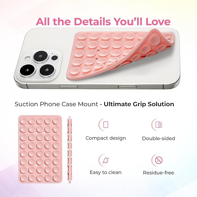SUCKY Silicone Suction Phone Case Adhesive Mount - Anti-Slip Holder, Hands-Free Fidget Toy, Phone Accessory for iPhone and Android (Clear, Double V2)