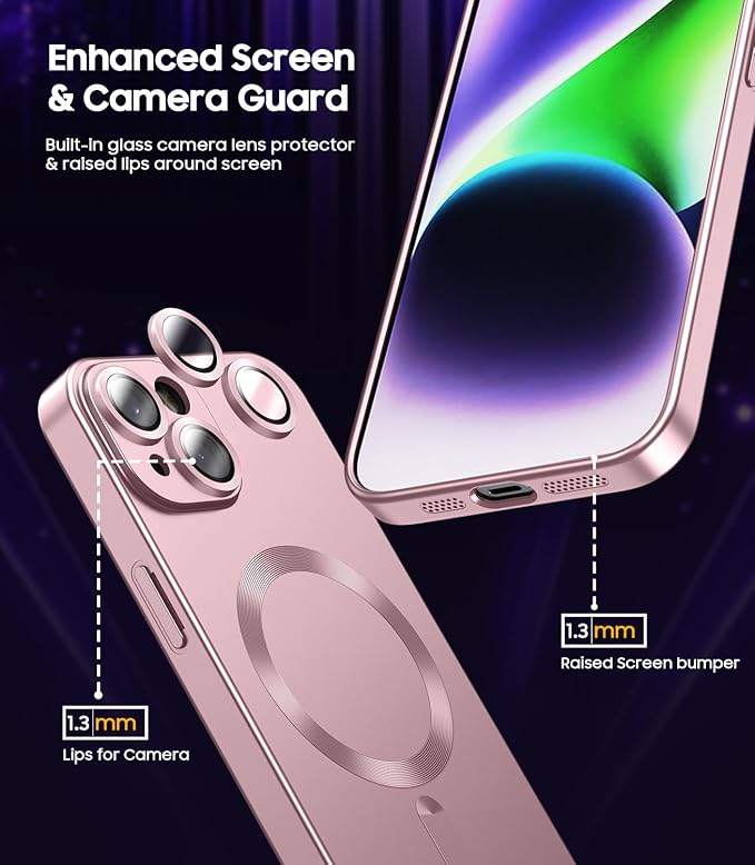 Magnetic for iPhone 14 Plus Case [Compatible with MagSafe][Built-in Camera Lens Protector] Slim Soft Silicone Bumper Shockproof Metallic Luster Phone Case (Rose Gold)