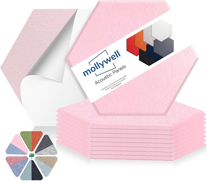 Mollywell Hexagon Acoustic Panels, High Density, Soundproofing, Decorative Noise Reduction Felt Wall Tiles for Ceilings, Home Office & Gaming Room (Cherry Blossom Pink), 14x12x0.4 Inch
