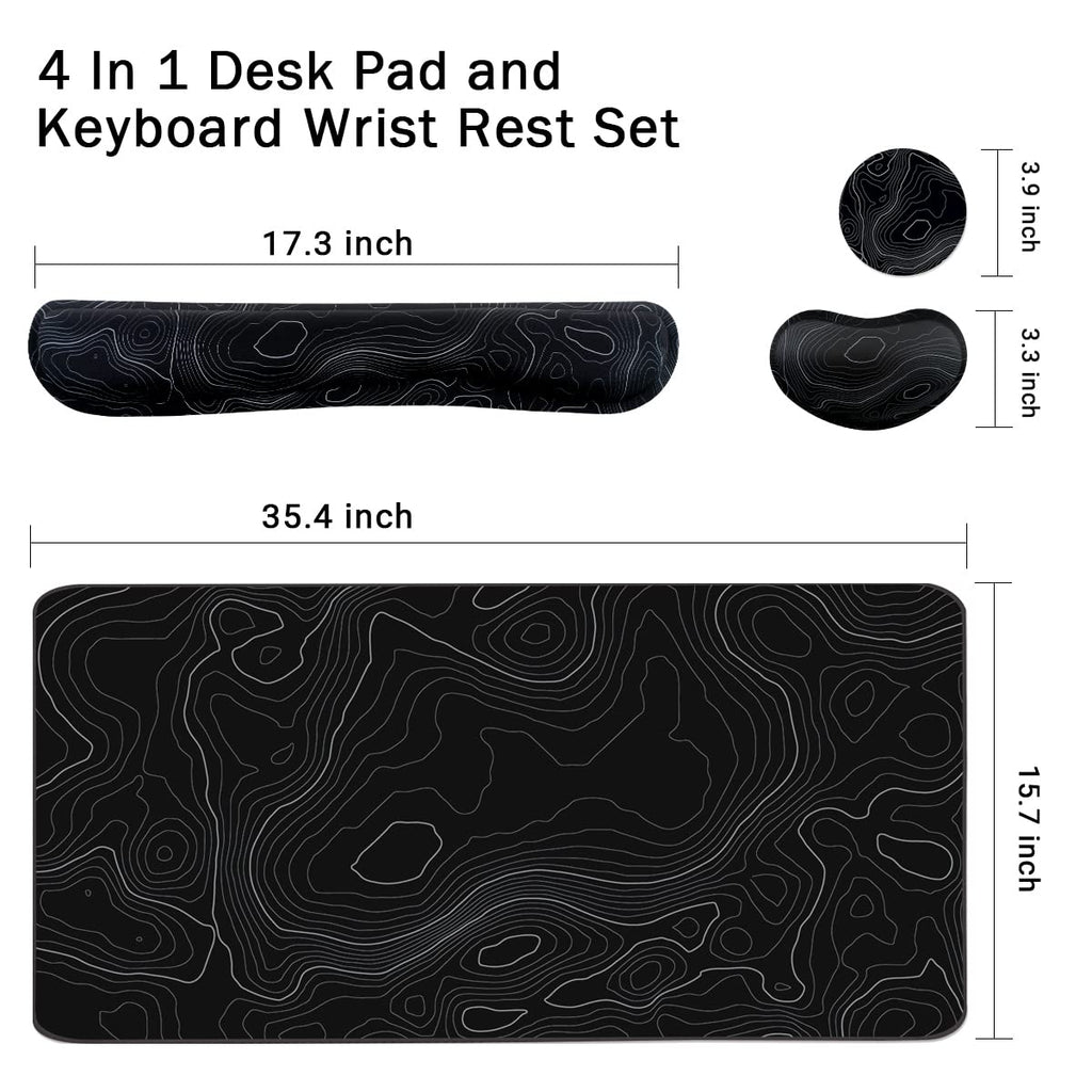 Topographic Large Mouse Pad and Keyboard Wrist Rest, Desk Pad for Keyboard and Mouse, 4-in-1 Large Gaming Mouse Pad with Wrist Support, Non-Slip Desk Mat for Home Office Study Game-Topographic Contour