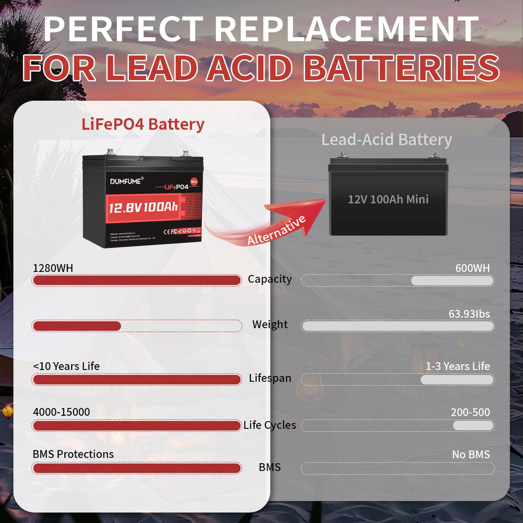 12V 100Ah Mini LiFePO4 Lithium Battery, Built-in 100A BMS