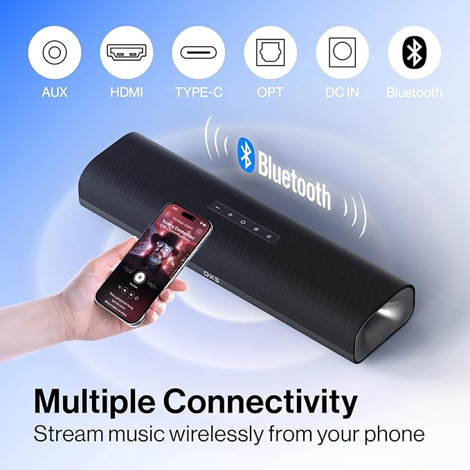OXS Thunder Lite PC Gaming Soundbar, Sound Bars for TV with Virtual Surround Sound, 2 Full-Range Drivers, Bass Tube, Compact Design, HDMI/AUX/Optical Compatible, Bluetooth 5.0 Wireless Connection