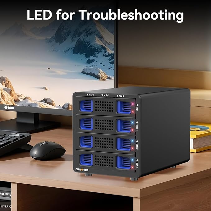 Hybrid 3*2.5/3.5" SATA HDD/SSD(2 HDDs Support 4 RAID Mode)+3* M / B+M Key M.2 NVMe Enclosure with Fan, USB A/C 3.2 Gen 2, Hard Drive Enclosure Support 90TB(3*22TB HDD+3*8TB 2230/42/60/80/110 SSDs)