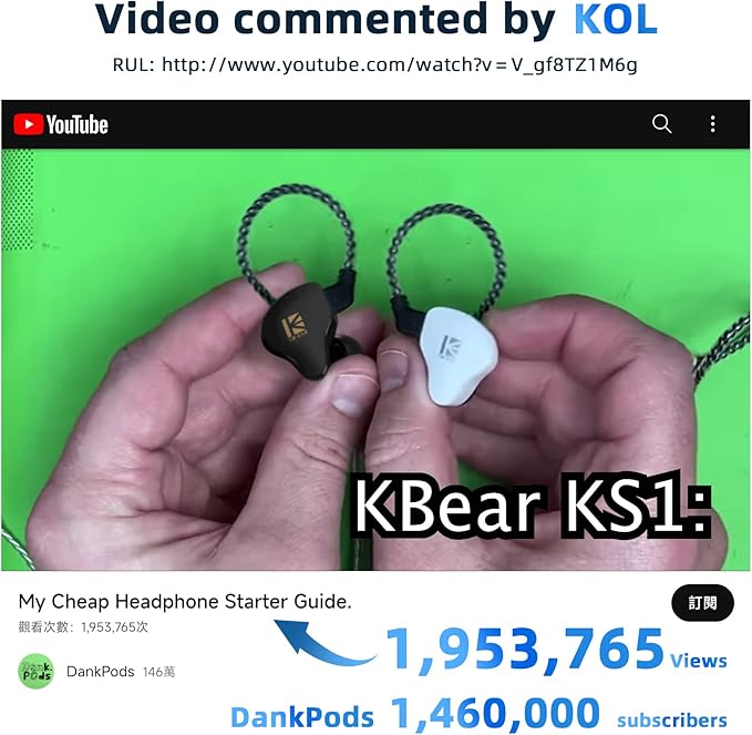 YINYOO KBEAR in Ear Monitor Headphones KS1 Wired Earphones Super Bass Earbuds, Crystal Clear Sound IEM Headphones, High Resolution Noise Canceling Ear Monitors Headphone for Singers Musician