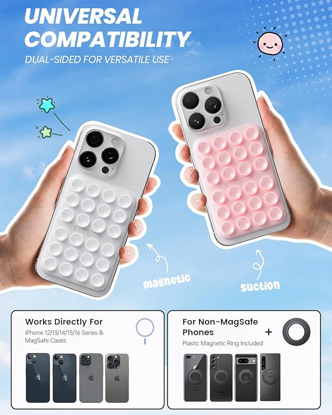2Pack Magnetic Suction Phone Mount for MagSafe Case, Sticky Phone Grip Holder for iPhone, Removable Hands-Free Selfie/Video for TikTok Influencers, Women Girl Teen Gift, Light Pink & Classic White