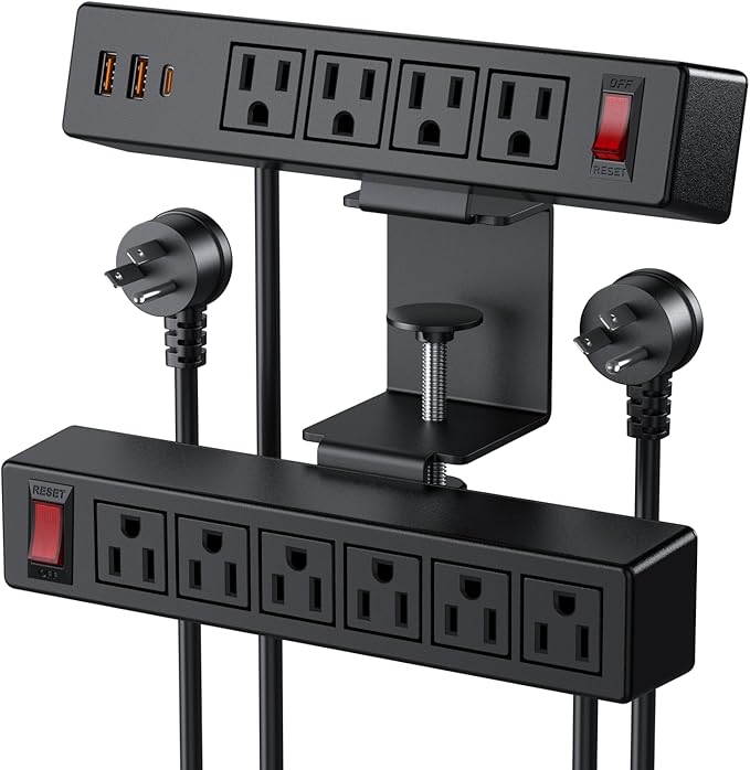Desk Clamp Power Strip with PD20W USB-C, 2 in 1 Dual Layer Under Desk Power Strip, Removable Clamp Power Socket with 10AC Outlets & Switch, 10ft Extension Cord(ETL Listed)