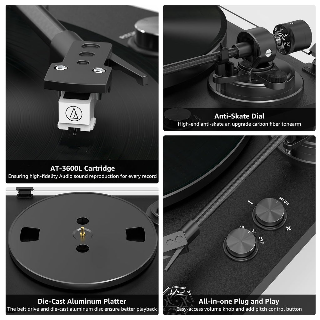 Retrolife Record Player Wireless Output Turntables AT-3600L Cartridge Black