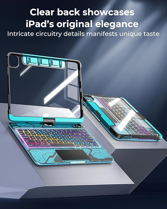 SIBEITU Keyboard Case for iPad A16 11th Gen 11" 2025 & 10th Gen 10.9" 2022, Clear Wireless Keyboard Protective Cover with Multi-Touch Trackpad, 7-Color Backlight & 3-Brightness, 360 Rotatable, Blue