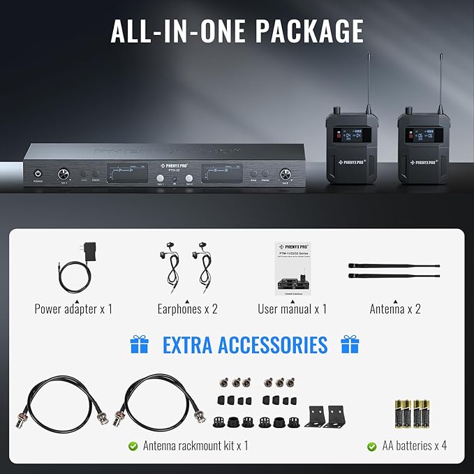 Phenyx Pro UHF Mono Dual Wireless in-Ear Monitor System, Metal Wireless IEM System, Sturdy Bodypack Receiver, 2x50 Frequencies, Separate Outputs,164ft Operation, Suitable for Band and Studio (PTM-22)