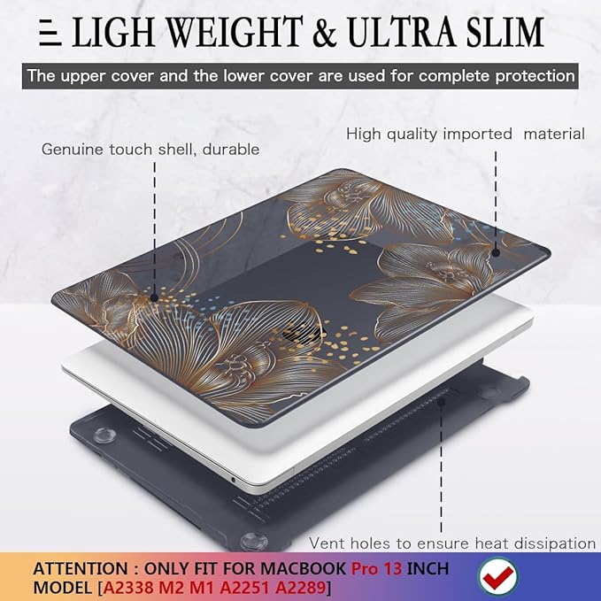 CISSOOK for MacBook Pro 13 inch Case 2025-2020 Release Model A2338 M1 M2 A2289 A2251 with Touch Bar, Plastic Hard Shell Case & Keyboard Cover & Screen Protector for Pro 13, Gorgeous Gold Floral