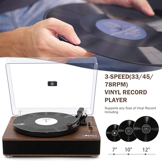 LP&No.1 Record Player with Stereo Speakers, 3-Speed Belt-Drive Turntable for Vinyl Records with Wireless Playback and Auto-Stop,Walnut Wood