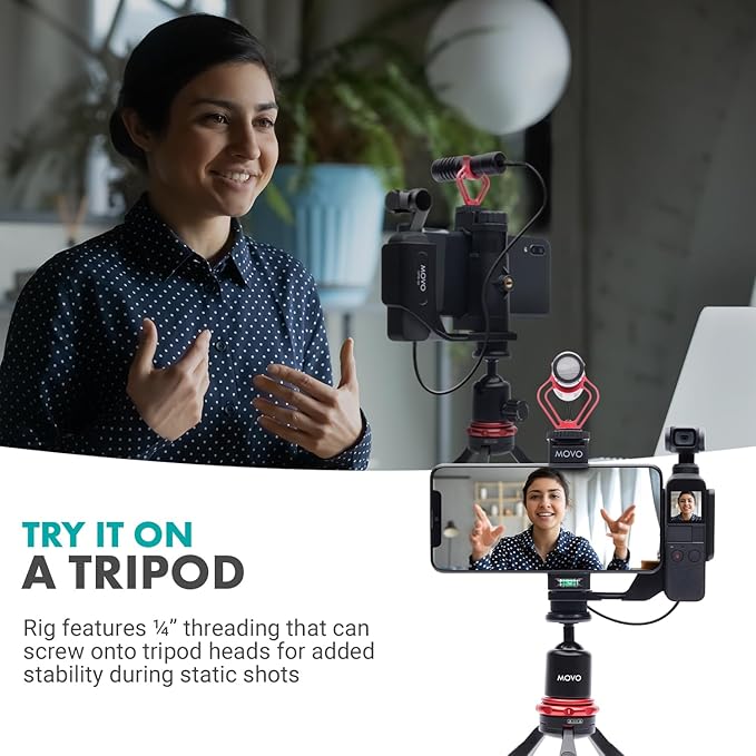 Movo Video Rig Compatible with The DJI OSMO Pocket 1, 2 - Includes Universal Smartphone Mount, Grip Handle, and 2 Cold Shoes for Mounting Microphone, Light - OSMO Pocket Microphone and Video Rig