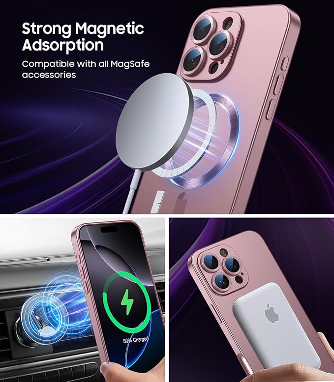 Magnetic for iPhone 16 Pro Max Case [Compatible with MagSafe][Built-in Camera Lens Protector] Slim Soft Silicone Bumper Shockproof Metallic Luster Phone Case (Rose Gold)