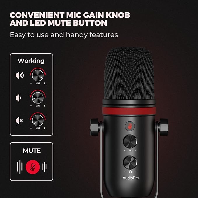 AUDIOPRO USB Microphone, Computer Condenser Gaming Mic for PC/Laptop/PS4/5, Headphone Output, Volume Control, USB Type C Plug and Play, LED Mute Button, for Streaming, Podcast, Studio Recording