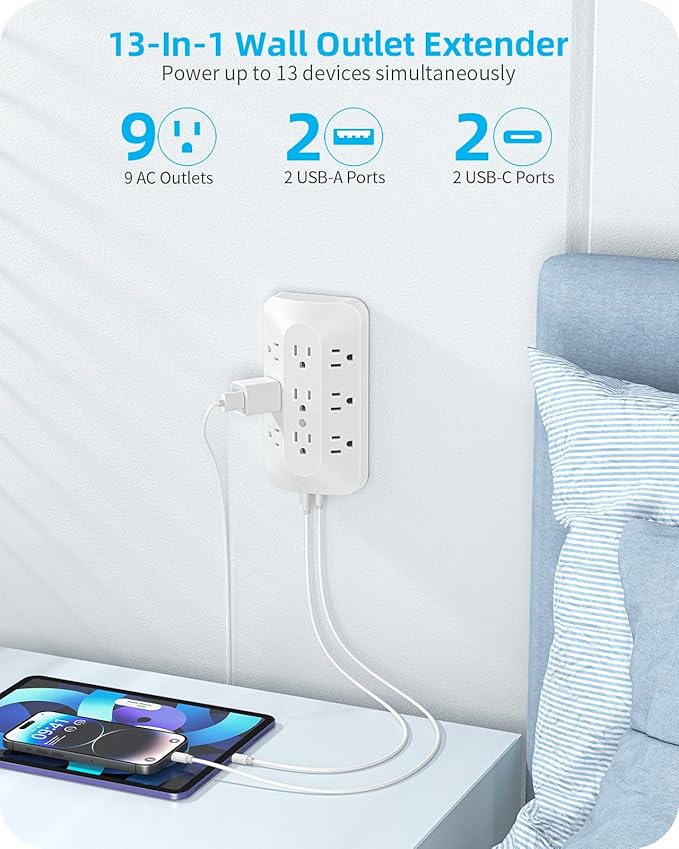 Wall Outlet Extender, 9 Outlet Splitter with 4 USB Ports (2 USB C), Multi Plug Wall Outlet Expander, 3-Sided Wall Charger Power Strip for Home, Office, Dorm, White
