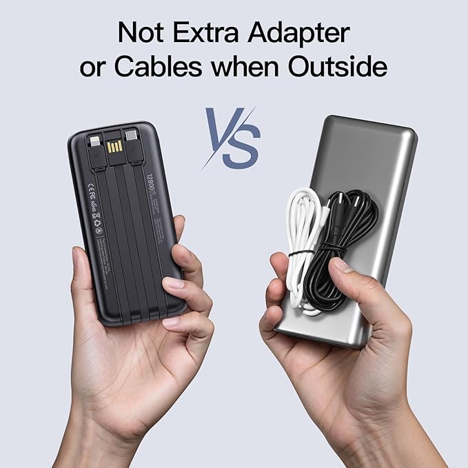 2025 Portable Charger(2pack in 1box) with Built in Cables, 12800mAh Travel Essential Battery Pack, 4 Outputs 2 Inputs Slim Power Bank with Cord Wires Compatible with iPhone,Samsung,Android