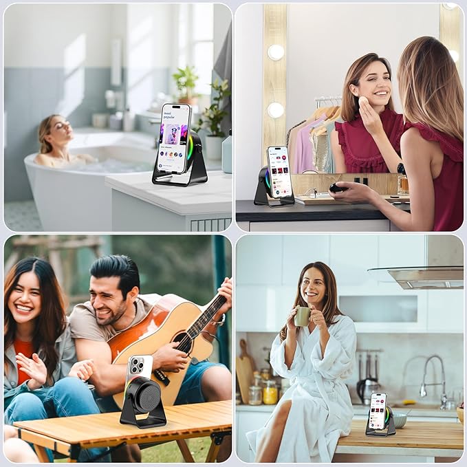Wireless Induction Speaker- 4 in1 Bluetooth Speaker Phone Stand with Colorful Ambient Light 360° Rotation Compatible with iPhone/Android/iPad/Samsung Galaxy- Unique Birthday Gift for Men Women Adults