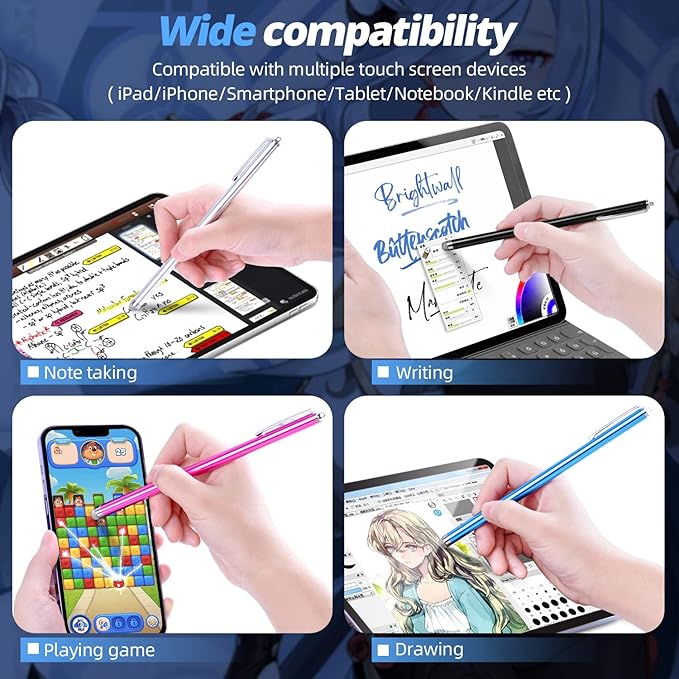 Stylus pens for Touch Screens [5 Pack Long Pen Body] Fiber mesh Tips High Sensitivity & Fine Point Capacitive Pen Compatible for ipad iPhone Android Tablet Laptop Microsoft Surface Chromebook