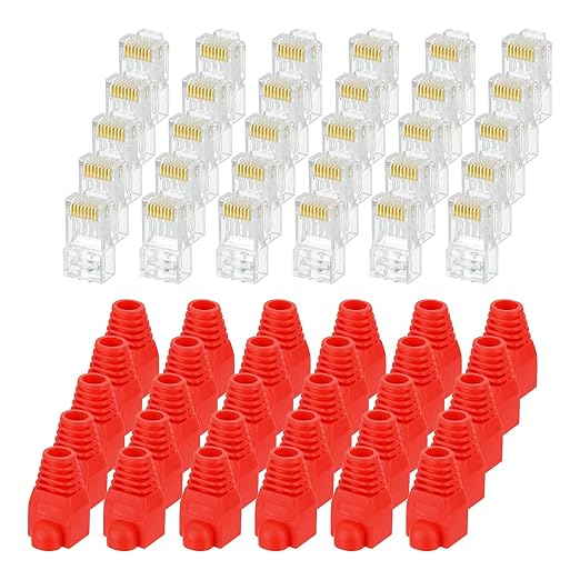 MECCANIXITY 60pcs Cat6 RJ45 Pass Through Connectors, RJ45 Connector 8P8C Gold Plated Plugs with 60pcs Red Strain Relief Boots for Solid or Stranded UTP Ethernet Cable, 1.1mm