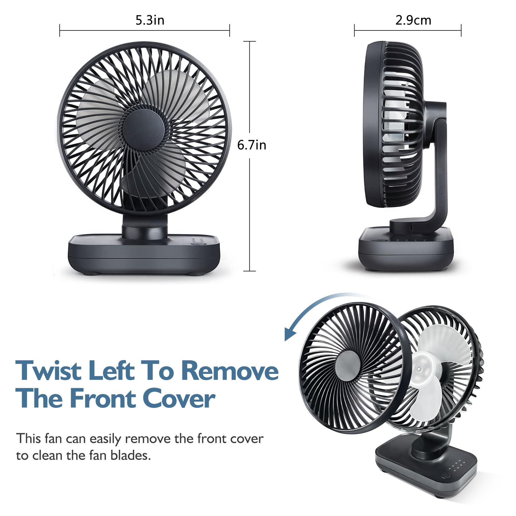 CONBOLA Small Desk Fan for Bedroom, 3600mAh Battery Powered Rechargeable Fan, USB Fan for Desk, 4 Speeds Air Circulator Quiet Table Fan for Home Office, Blue