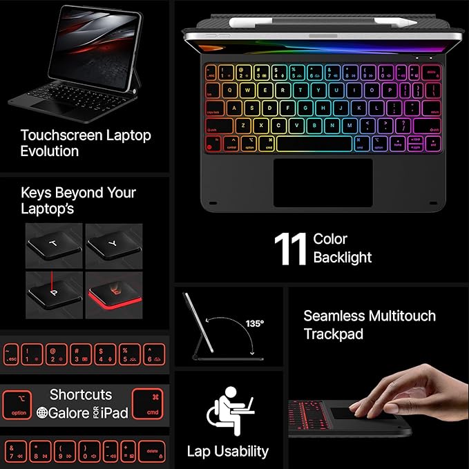 typecase Edge Keyboard Case for iPad Pro 11-inch(M4)2024,Magic Keyboard with 11 Colors Backlight for iPad Pro 11,Keyboard Case with Pencil Holder,Built-in Trackpad,Easy-Set Magnetic Stand,Carbon Fiber
