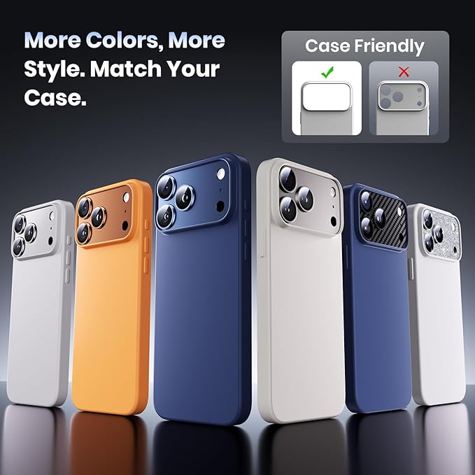 Hoerrye for iPhone 17 Pro Camera Lens Protector - [12FT Shatterproof Military Grade] [Strong Adsorption] Metal Top 9H+ Tempered Glass Camera Screen Full Protective Cover Case Friendly,Silver